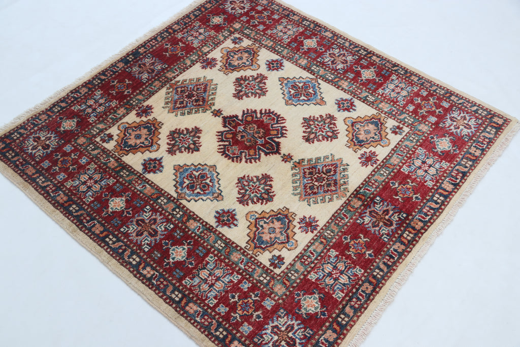 3.5x3.5 Beige Super Kazak Geometric Area Rug | Handmade Wool & Cotton Rug