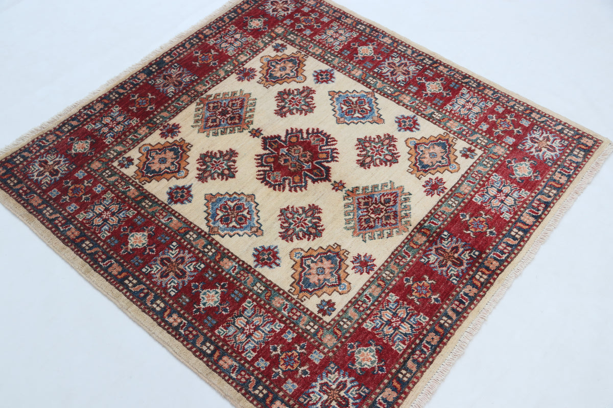 3.5x3.5 Beige Super Kazak Geometric Area Rug | Handmade Wool & Cotton Rug