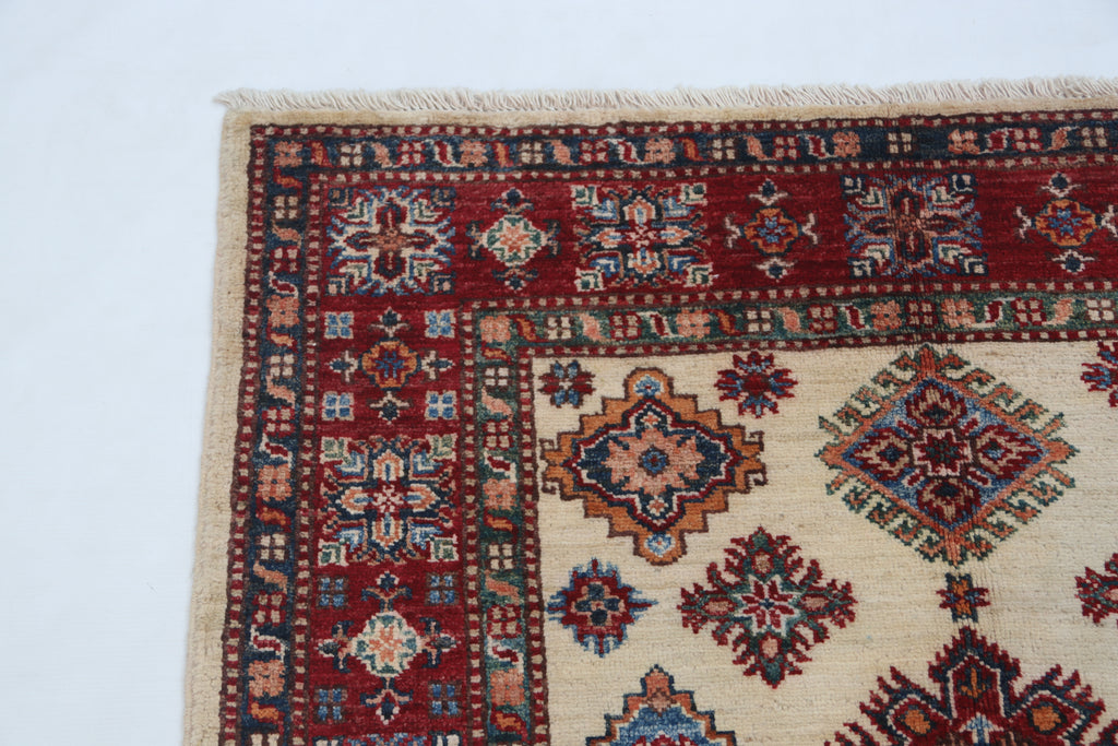 3.5x3.5 Beige Super Kazak Geometric Area Rug | Handmade Wool & Cotton Rug
