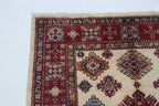 3.5x3.5 Beige Super Kazak Geometric Area Rug | Handmade Wool & Cotton Rug