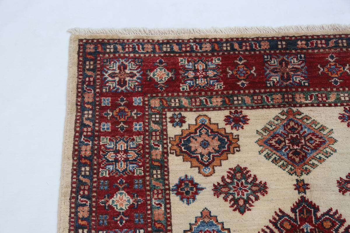 3.5x3.5 Beige Super Kazak Geometric Area Rug | Handmade Wool & Cotton Rug