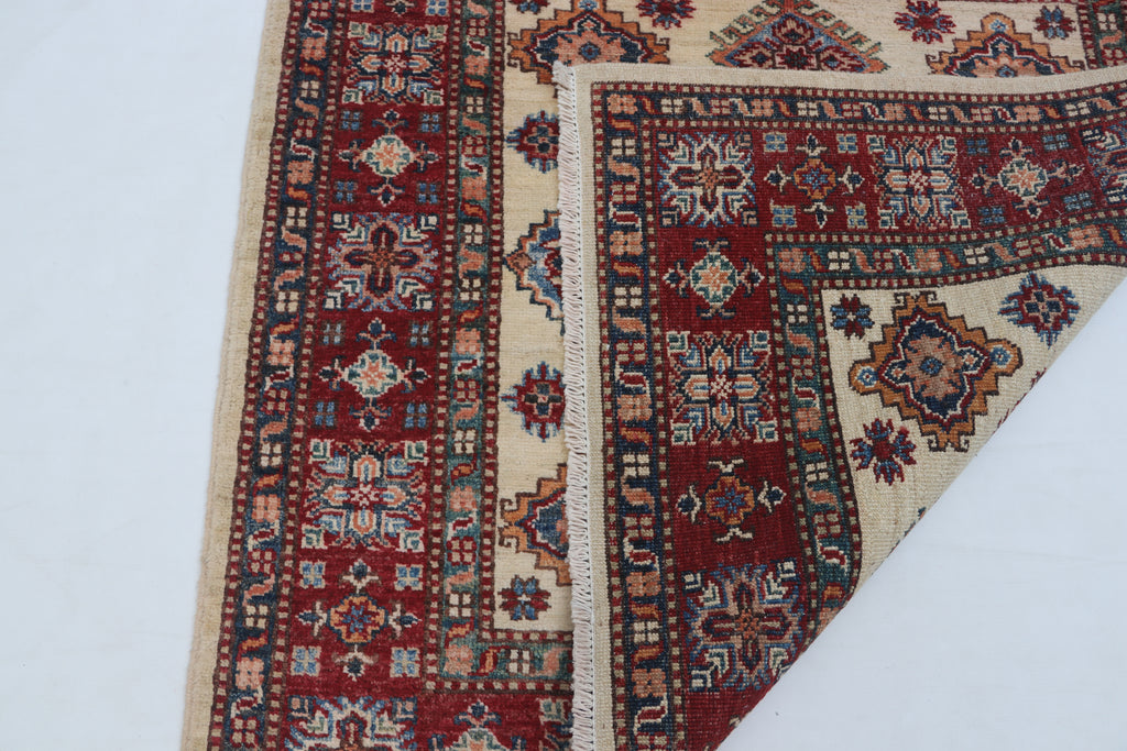 3.5x3.5 Beige Super Kazak Geometric Area Rug | Handmade Wool & Cotton Rug