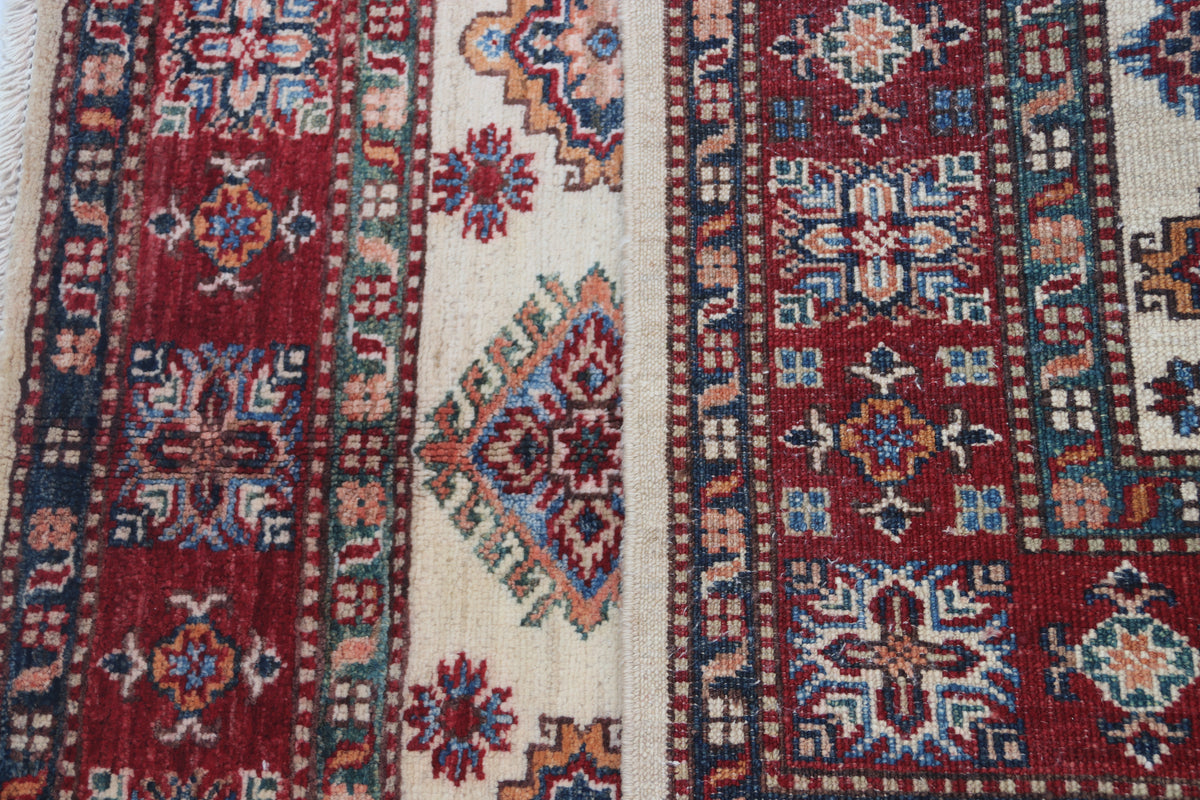 3.5x3.5 Beige Super Kazak Geometric Area Rug | Handmade Wool & Cotton Rug