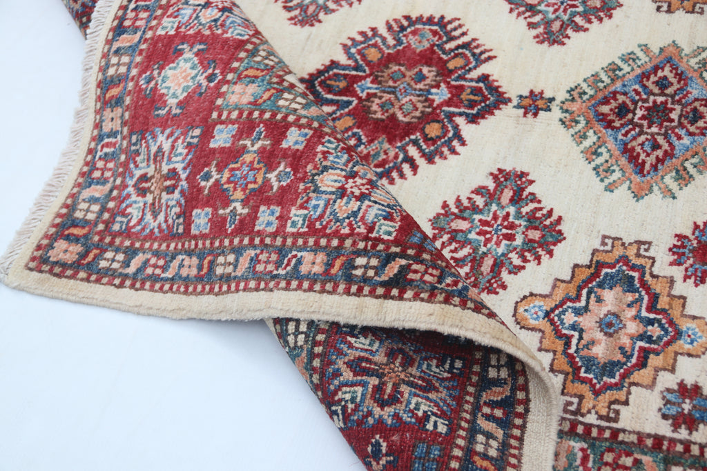 3.5x3.5 Beige Super Kazak Geometric Area Rug | Handmade Wool & Cotton Rug
