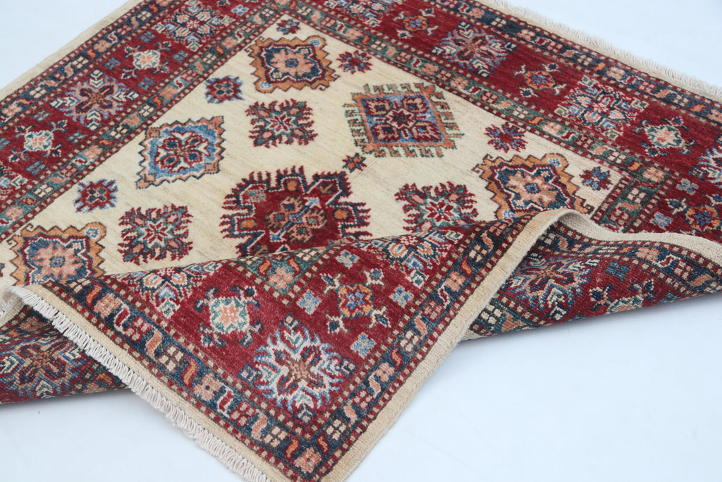 3.5x3.5 Beige Super Kazak Geometric Area Rug | Handmade Wool & Cotton Rug