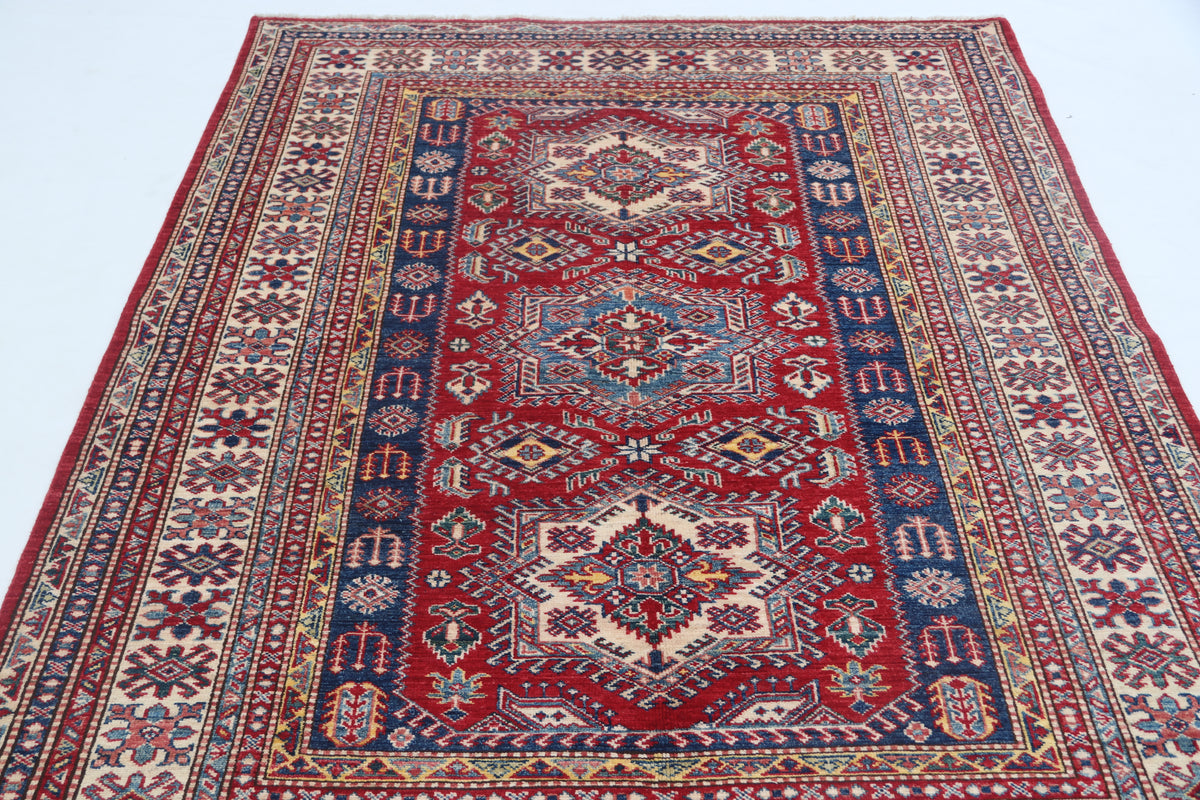 5x6.5 Red Super Kazak Geometric Area Rug | Handmade Wool & Cotton Rug