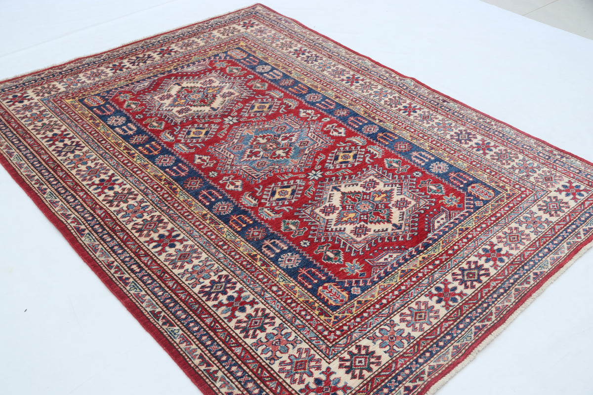 5x6.5 Red Super Kazak Geometric Area Rug | Handmade Wool & Cotton Rug