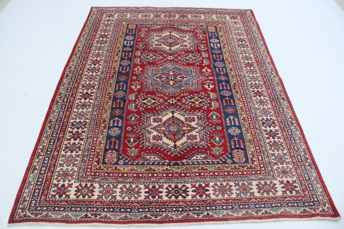 5x6.5 Red Super Kazak Geometric Area Rug | Handmade Wool & Cotton Rug