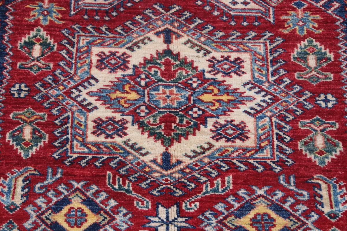 5x6.5 Red Super Kazak Geometric Area Rug | Handmade Wool & Cotton Rug