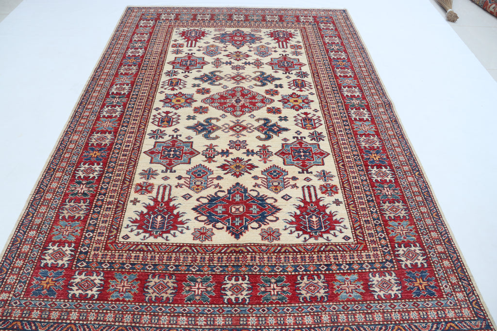 5.5x8 Beige Super Kazak Geometric Area Rug | Handmade Wool & Cotton Rug