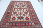 5.5x8 Beige Super Kazak Geometric Area Rug | Handmade Wool & Cotton Rug