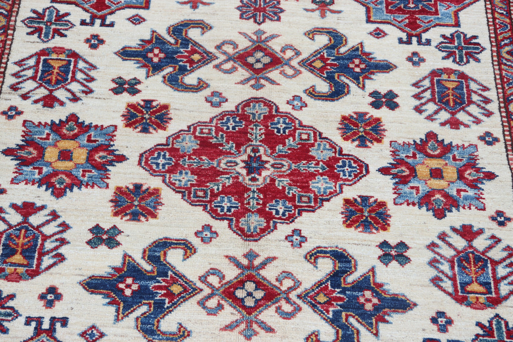 5.5x8 Beige Super Kazak Geometric Area Rug | Handmade Wool & Cotton Rug