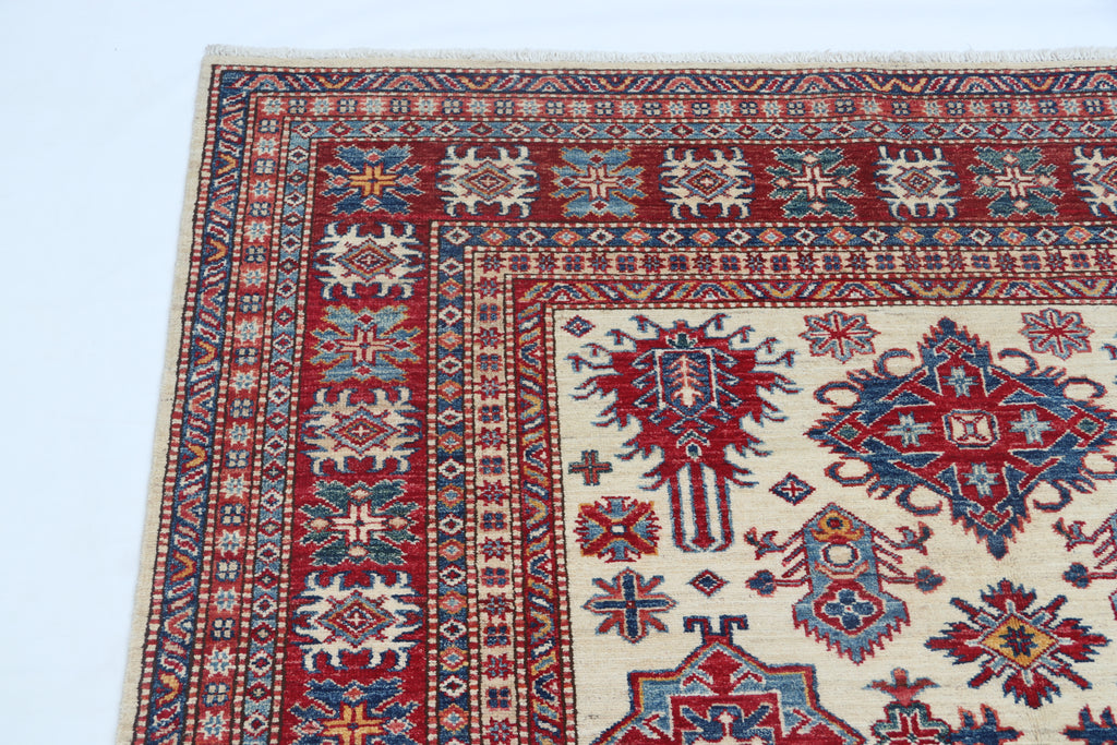 5.5x8 Beige Super Kazak Geometric Area Rug | Handmade Wool & Cotton Rug