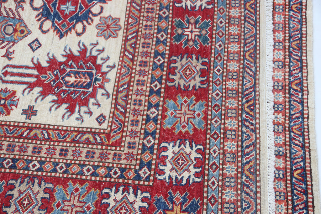 5.5x8 Beige Super Kazak Geometric Area Rug | Handmade Wool & Cotton Rug