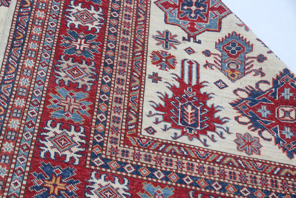 5.5x8 Beige Super Kazak Geometric Area Rug | Handmade Wool & Cotton Rug