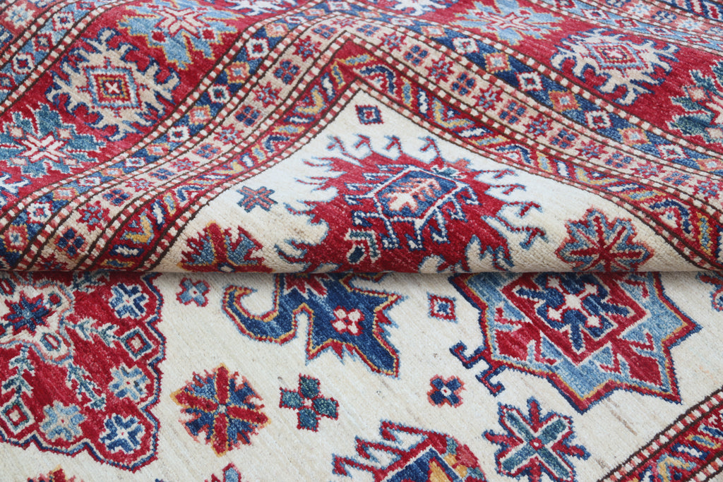5.5x8 Beige Super Kazak Geometric Area Rug | Handmade Wool & Cotton Rug