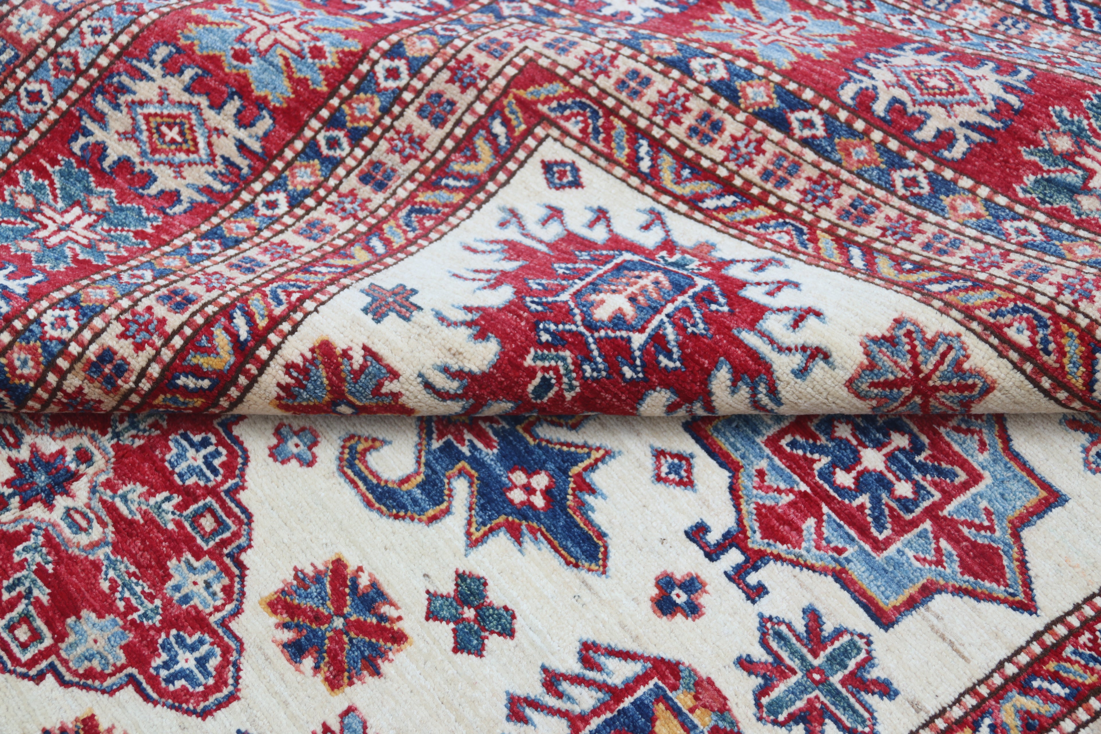 5.5x8 Beige Super Kazak Geometric Area Rug | Handmade Wool & Cotton Rug