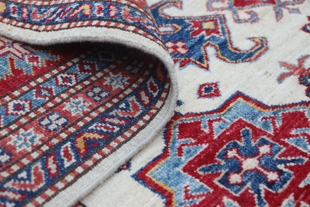5.5x8 Beige Super Kazak Geometric Area Rug | Handmade Wool & Cotton Rug