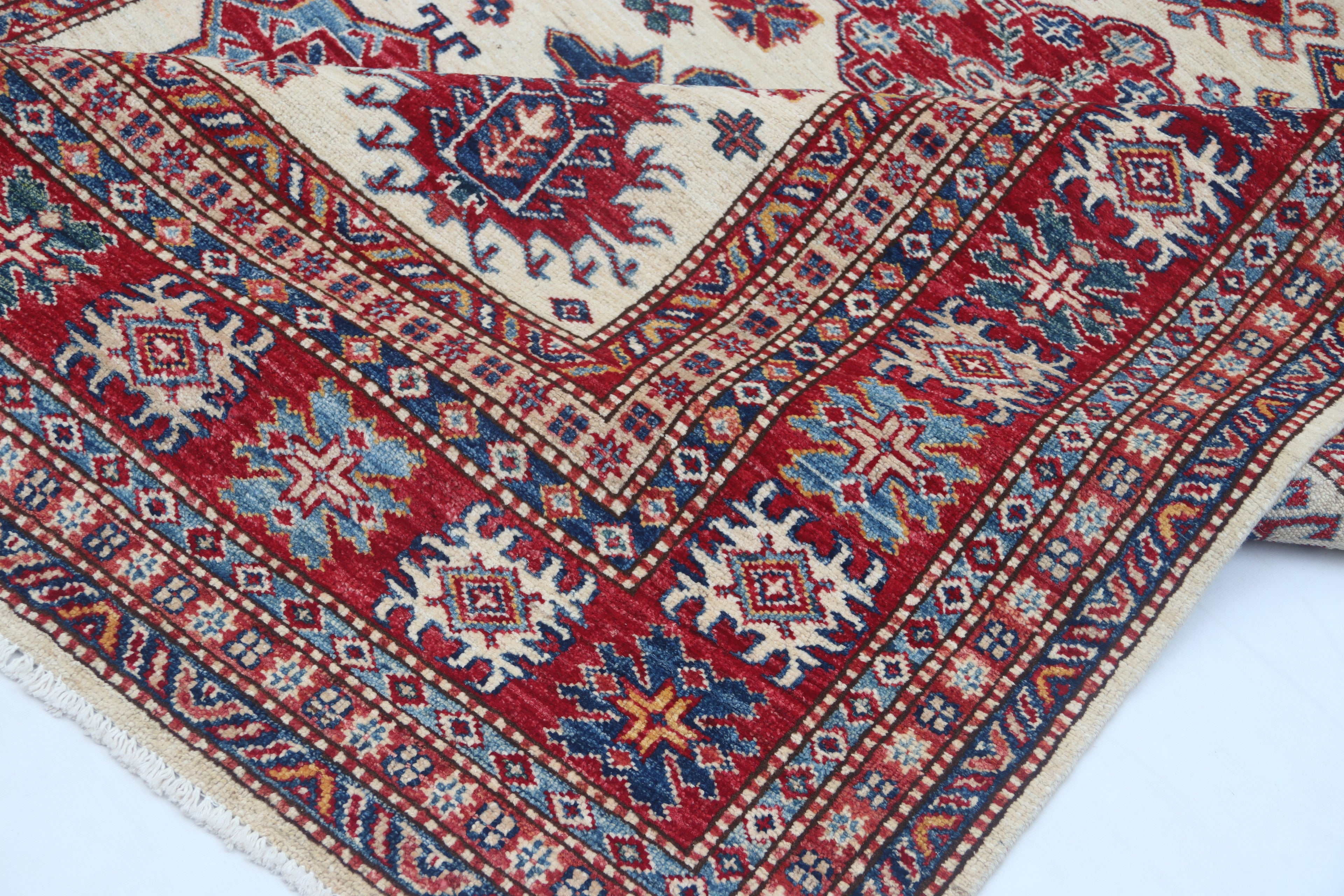 5.5x8 Beige Super Kazak Geometric Area Rug | Handmade Wool & Cotton Rug