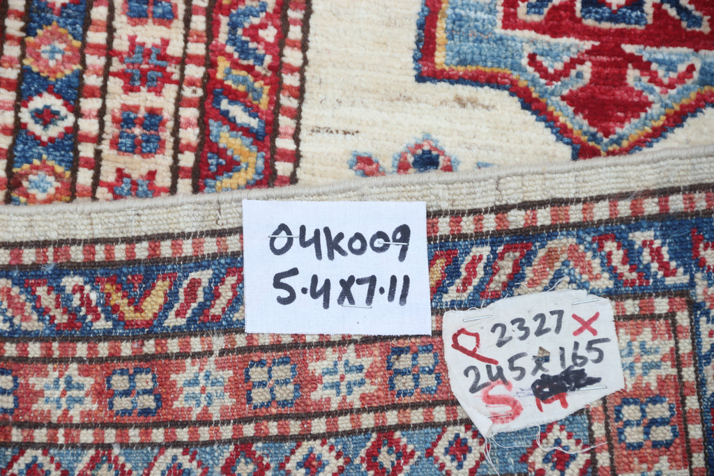 5.5x8 Beige Super Kazak Geometric Area Rug | Handmade Wool & Cotton Rug