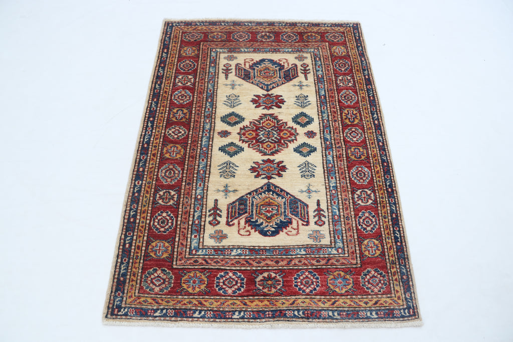 2.5x4 Beige Super Kazak Geometric Area Rug | Handmade Wool & Cotton Rug
