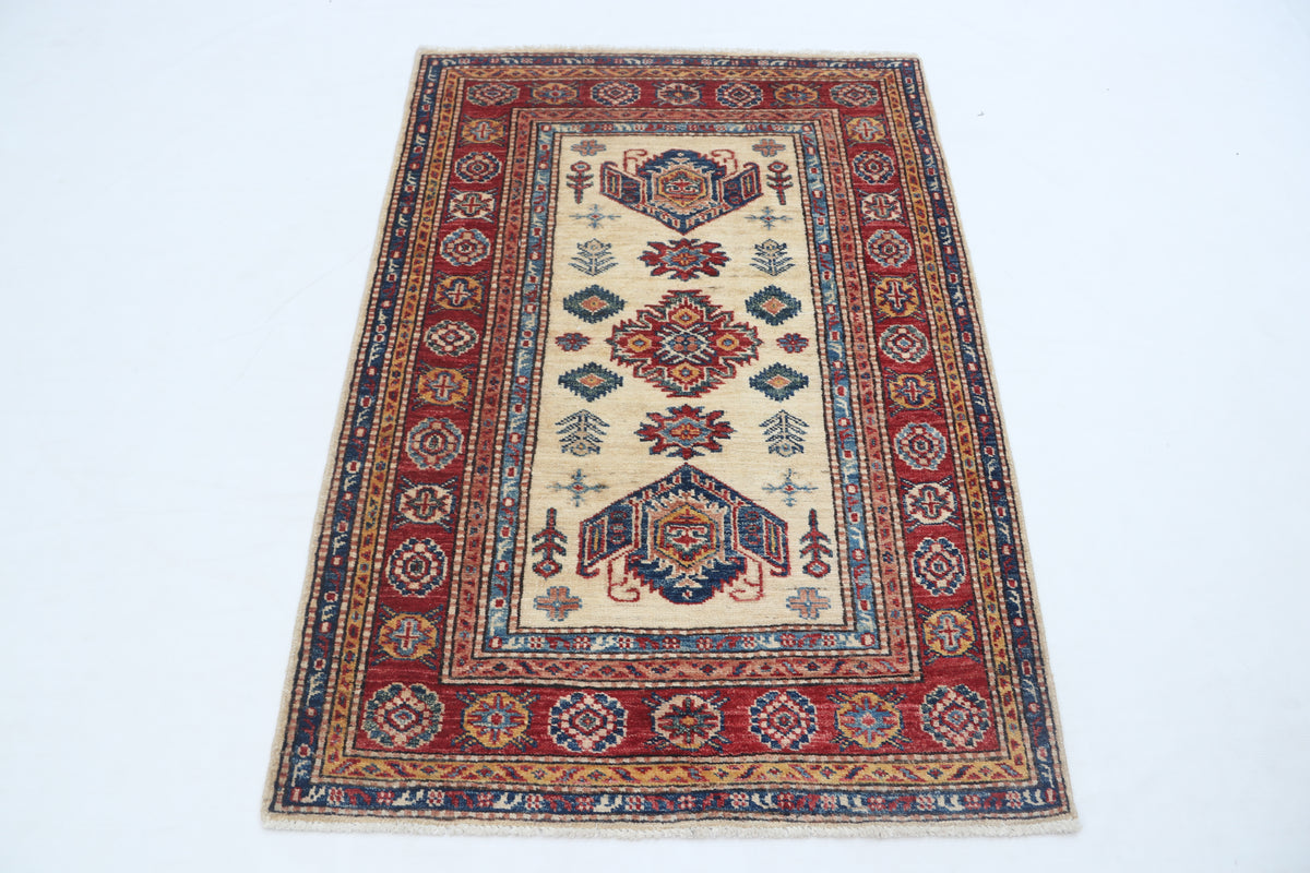 2.5x4 Beige Super Kazak Geometric Area Rug | Handmade Wool & Cotton Rug