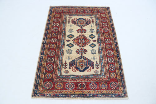 2.5x4 Beige Super Kazak Geometric Area Rug | Handmade Wool & Cotton Rug
