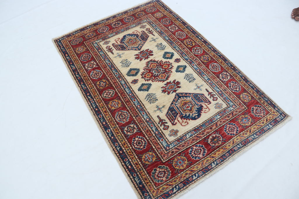 2.5x4 Beige Super Kazak Geometric Area Rug | Handmade Wool & Cotton Rug