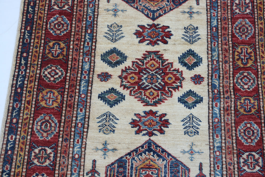 2.5x4 Beige Super Kazak Geometric Area Rug | Handmade Wool & Cotton Rug