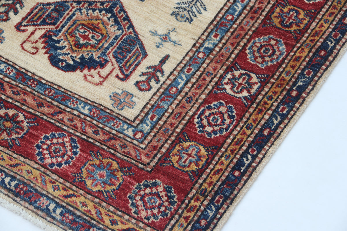 2.5x4 Beige Super Kazak Geometric Area Rug | Handmade Wool & Cotton Rug