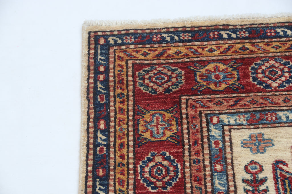 2.5x4 Beige Super Kazak Geometric Area Rug | Handmade Wool & Cotton Rug