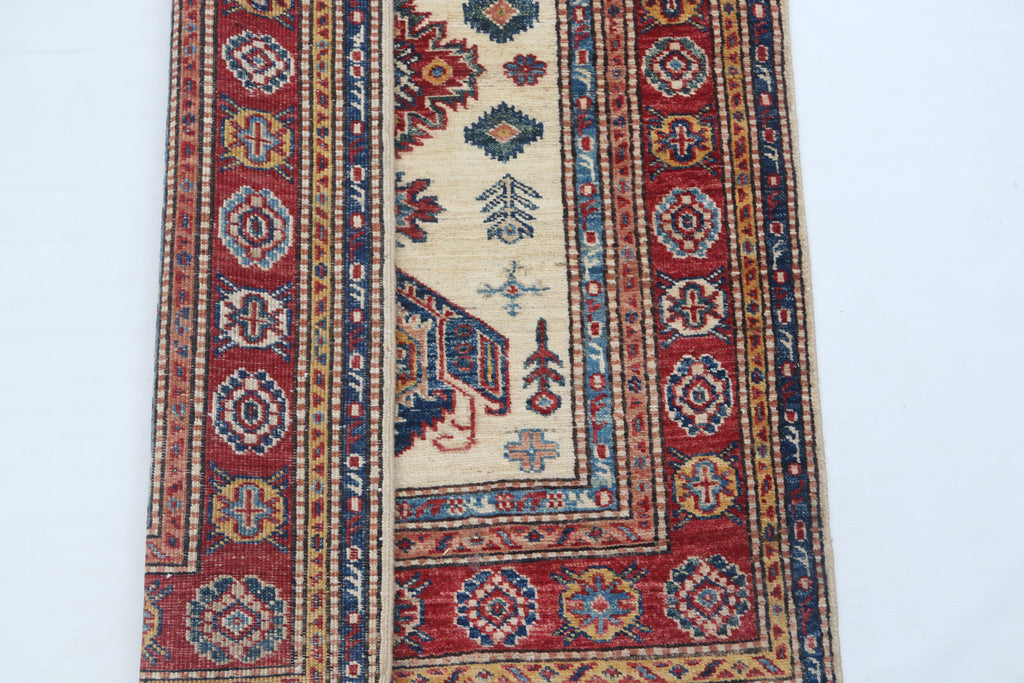 2.5x4 Beige Super Kazak Geometric Area Rug | Handmade Wool & Cotton Rug