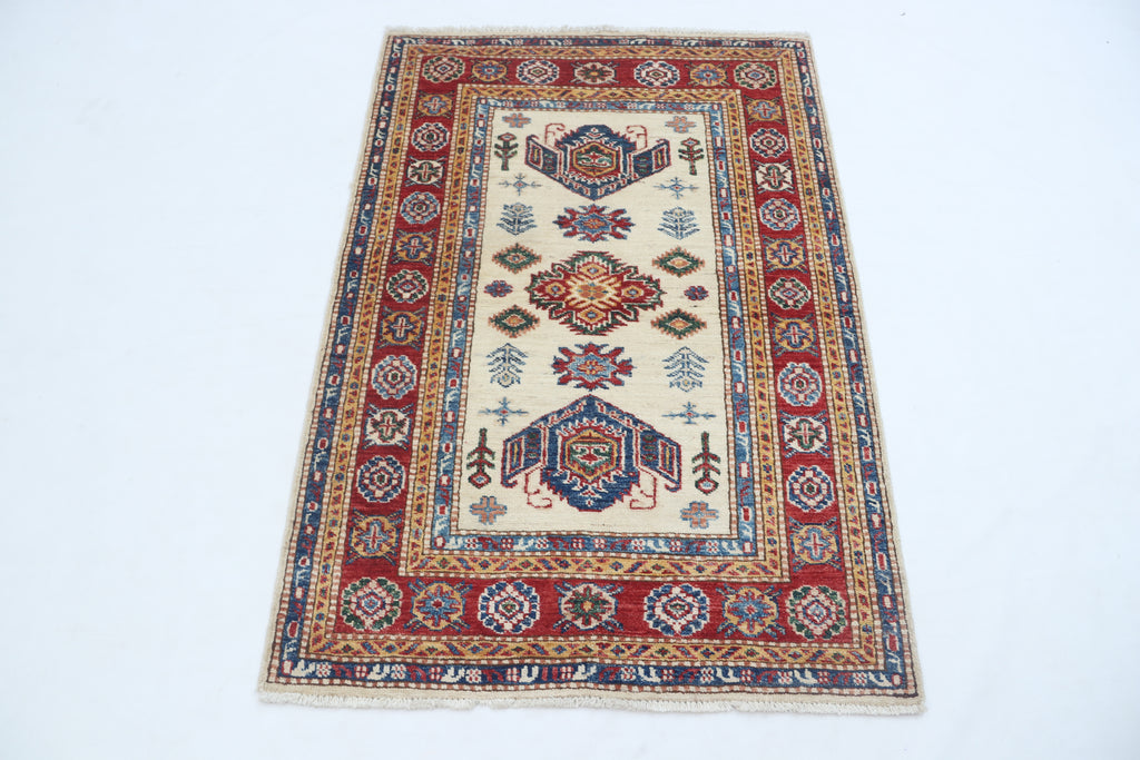 2.5x4 Beige Super Kazak Geometric Area Rug | Handmade Wool & Cotton Rug