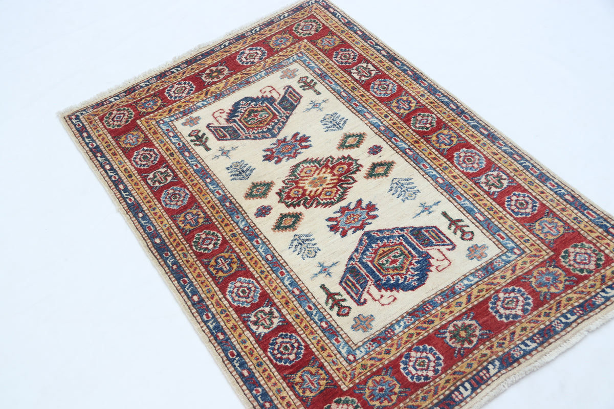 2.5x4 Beige Super Kazak Geometric Area Rug | Handmade Wool & Cotton Rug