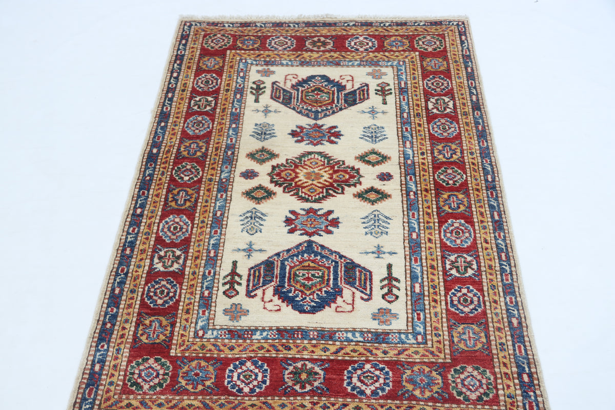 5x6 Beige Super Kazak Geometric Area Rug | Handmade Wool & Cotton Rug