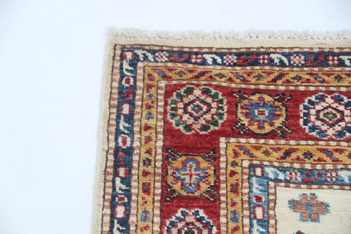 2.5x4 Beige Super Kazak Geometric Area Rug | Handmade Wool & Cotton Rug