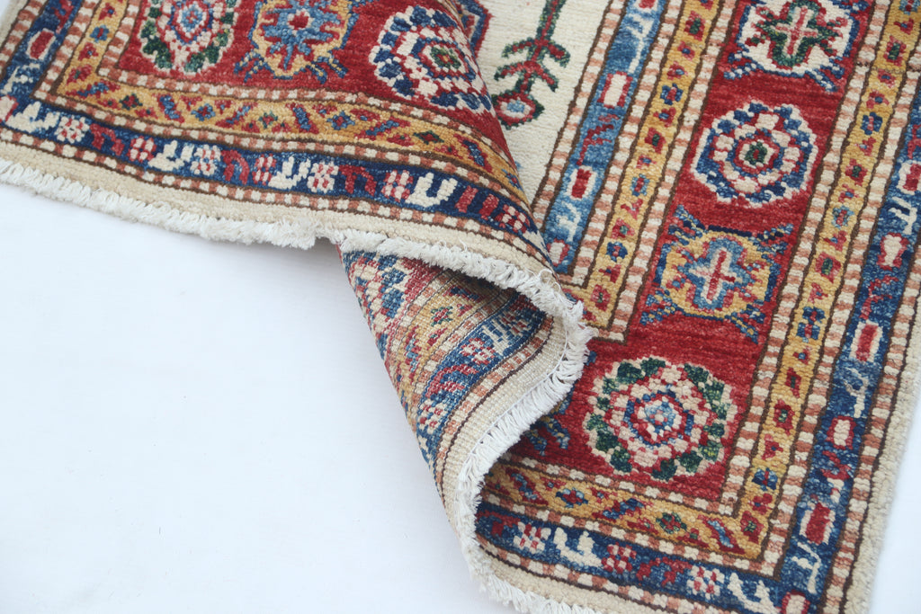 2.5x4 Beige Super Kazak Geometric Area Rug | Handmade Wool & Cotton Rug