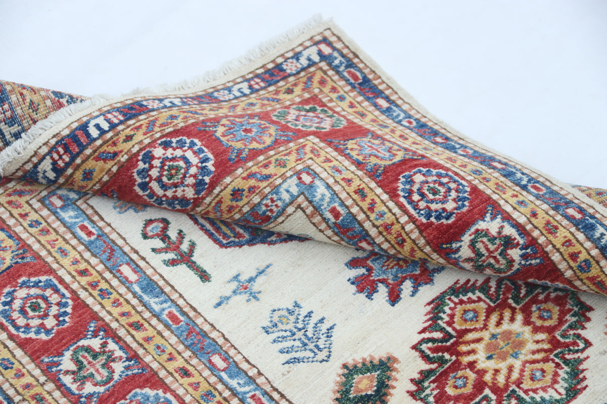 5x6 Beige Super Kazak Geometric Area Rug | Handmade Wool & Cotton Rug