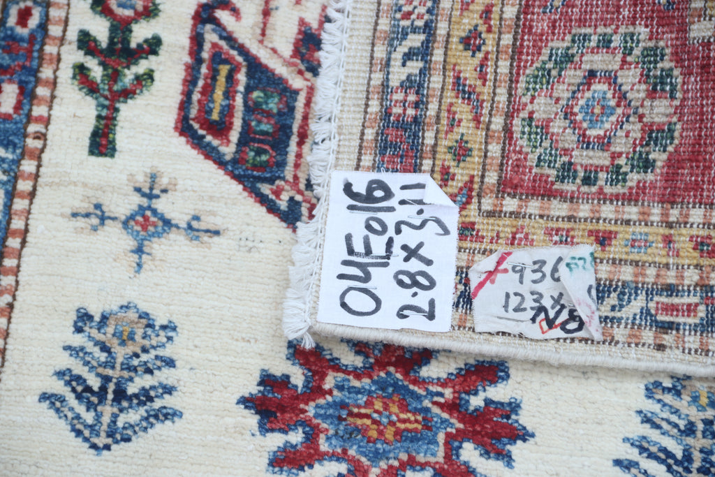 2.5x4 Beige Super Kazak Geometric Area Rug | Handmade Wool & Cotton Rug
