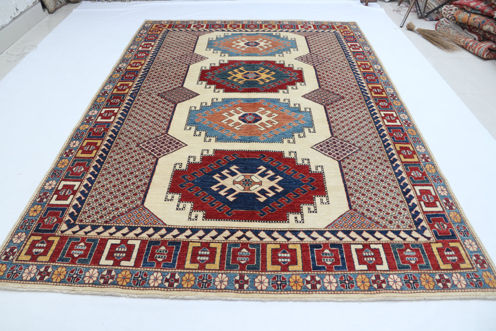 6.5x9.5 Beige Super Kazak Geometric Area Rug | Handmade Wool & Cotton Rug
