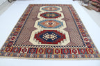 6.5x9.5 Beige Super Kazak Geometric Area Rug | Handmade Wool & Cotton Rug