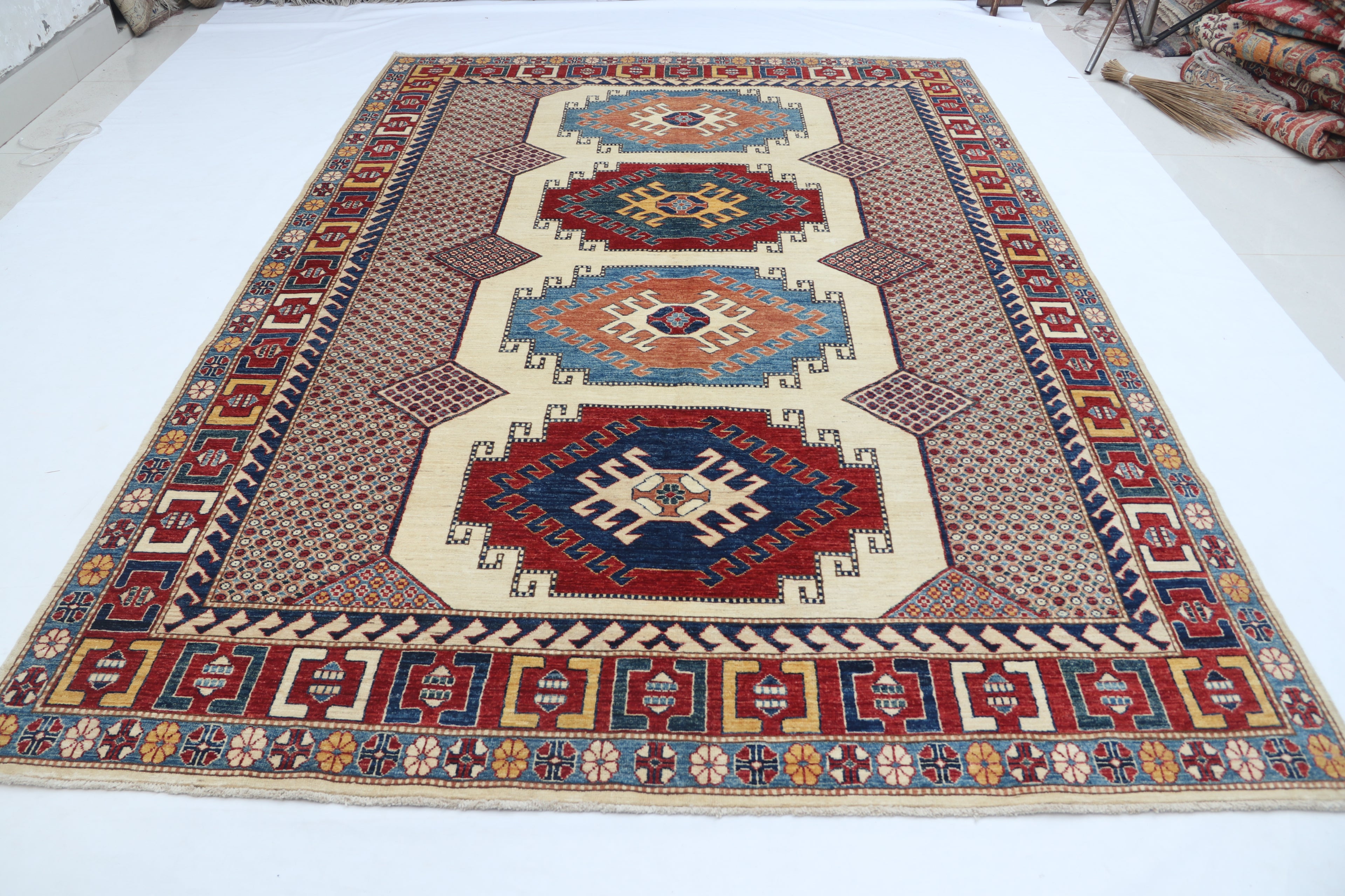 6.5x9.5 Beige Super Kazak Geometric Area Rug | Handmade Wool & Cotton Rug