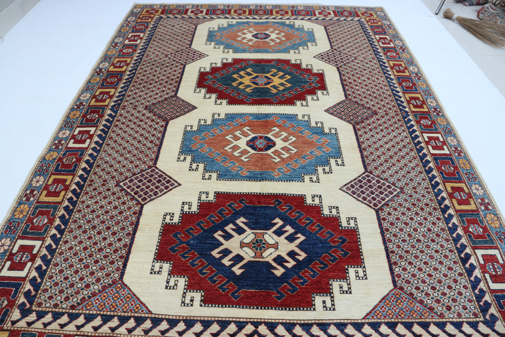 6.5x9.5 Beige Super Kazak Geometric Area Rug | Handmade Wool & Cotton Rug