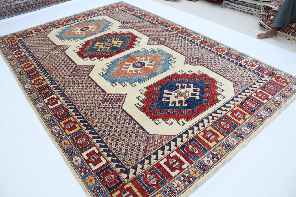 6.5x9.5 Beige Super Kazak Geometric Area Rug | Handmade Wool & Cotton Rug