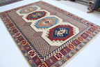 6.5x9.5 Beige Super Kazak Geometric Area Rug | Handmade Wool & Cotton Rug