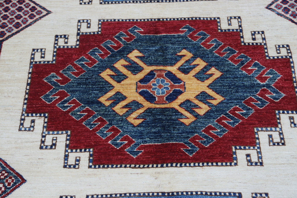 6.5x9.5 Beige Super Kazak Geometric Area Rug | Handmade Wool & Cotton Rug