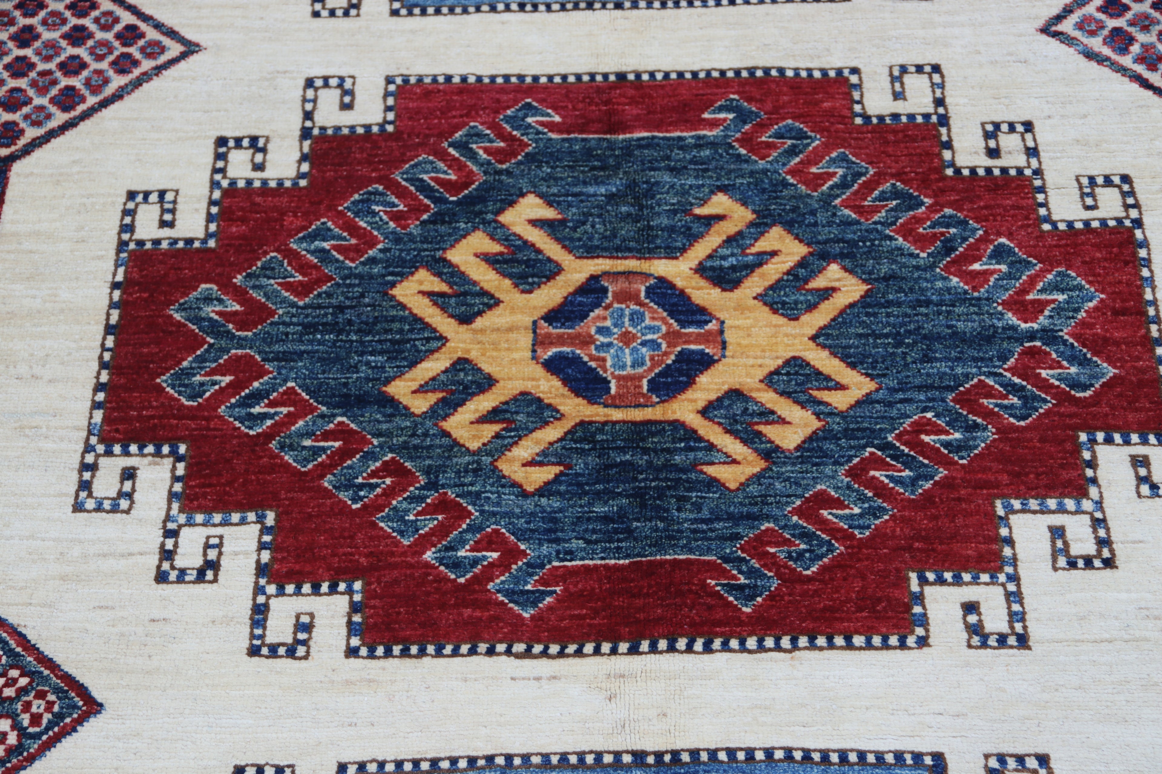 6.5x9.5 Beige Super Kazak Geometric Area Rug | Handmade Wool & Cotton Rug
