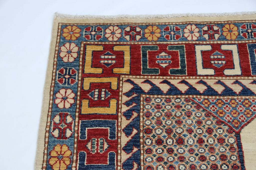 6.5x9.5 Beige Super Kazak Geometric Area Rug | Handmade Wool & Cotton Rug