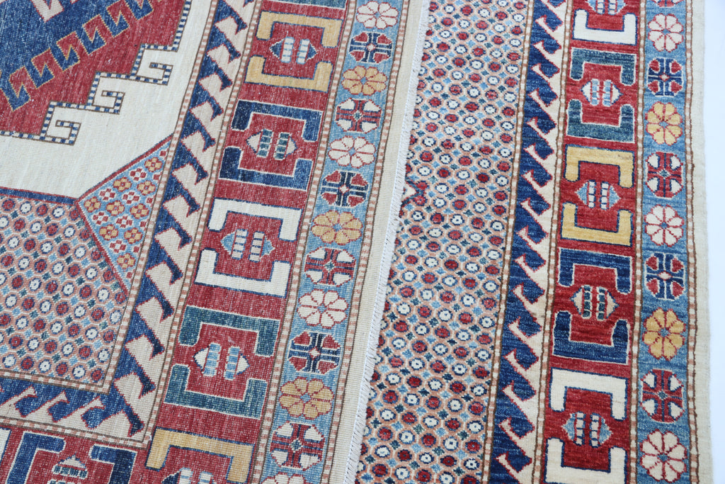 6.5x9.5 Beige Super Kazak Geometric Area Rug | Handmade Wool & Cotton Rug