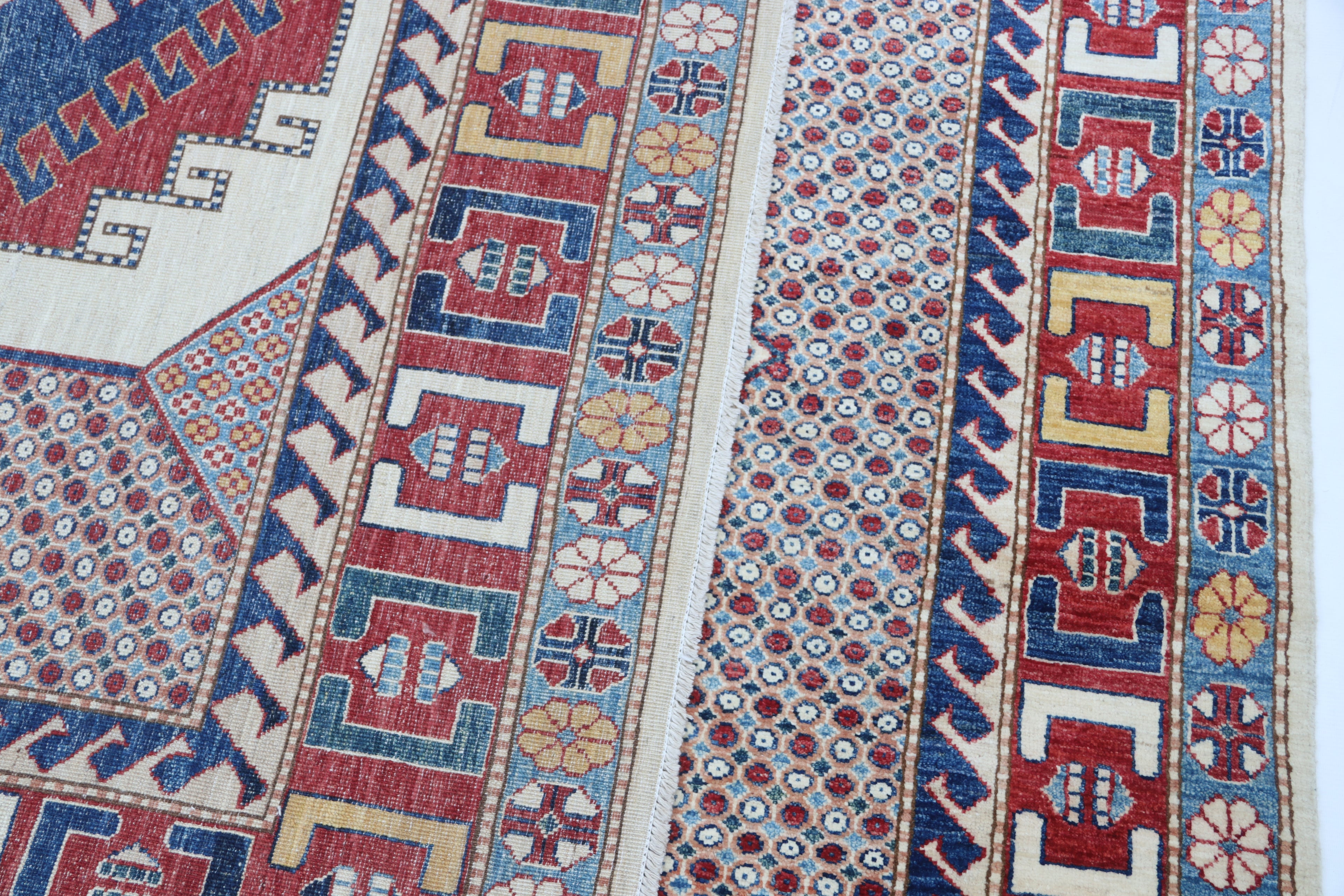 6.5x9.5 Beige Super Kazak Geometric Area Rug | Handmade Wool & Cotton Rug